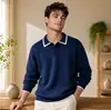 Camisa polo masculina color block, suéter de malha de manga comprida outono/inverno, roupa casual para negócios, versátil e elegante