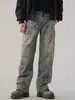 Calça jeans de sarja com manchas para homens, coleção de primavera e outono, perna reta, corte solto, estilo de rua americano, marca da moda, legal e estiloso, design retrô