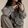 Cárdigan de punto holgado con cuello en V y mangas abullonadas para mujer, estilo coreano chic, sencillo y holgado, con estampado de cáñamo, para otoño