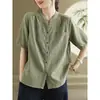 Camisa Artística de Doble Capa de Gasa de Algodón de Estilo Nuevo Original para Mujer con Rayas Verticales, Top de Cuello en V de Botones, Corte Holgado