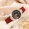 Relógio Feminino de Luxo Coração Rosa Dourado com Diamante, Pulseira de Couro Vermelho, Mostrador com Números Romanos, Relógio de Pulso Quartz Brilhante para Senhoras, Perfeito
