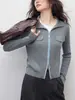 26 Outono Novo Estilo Francês de Trabalho Elegante Gola Alta Bloco de Cores Manga Longa Bolso Zíper Duplo Cardigan de Tricô Top 22960
