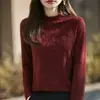 2025 Novo Outono e Inverno Tricô Retrô Gola Alta Meia Manga Feminino Jacquard Pulôver Camisa Base Solta Top