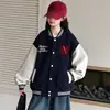 Jaqueta Baseball Color Block com Letras para Meninas Primavera e Outono Estilo Acadêmico Solta para Crianças Médias e Maiores Moda Casual Top