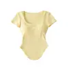 Camiseta de Verano Estilo Puro Deseo con Cintura Delgada y Cuello en U para Mujer, Dobladillo Curvo, Top Ajustado de Manga Corta, Camiseta Base Corta