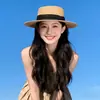 Chapéu de Palha Estilo Francês de Topo Plano para Verão Feminino, Chapéu de Sol de Palha Trançado de Aba Larga, Chapéu de Sol Grande para Circunferência da Cabeça para Férias na Praia