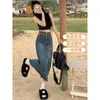 Saia jeans de cintura alta com fenda para mulheres, novo estilo de verão 2026, saia evasê petite, saia longa bodycon vintage
