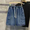 Shorts Jeans Masculinos Verão Fino Solto Cargo Comprimento do Joelho Estilo Americano Moderno High Street Reto Cintura Elástica Comprimento Médio