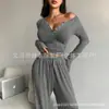 Transfronterizo 2025 Nuevo Europeo y Americano Transfronterizo Sexy Corto Delgado Cuello en V Ajustado Manga Larga Pantalones Traje de Dos Piezas