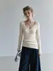 Top de punto acanalado rosa estilo coreano con cuello en V para mujer, nuevo top ajustado de manga larga, capa base ajustada