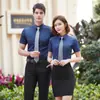 Homens e mulheres com a mesma camisa branca profissional seguro roupas de trabalho Departamento de Projetos ferramenta de exposição 4S manga curta bordado formal LOGOTIPO