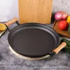 Frigideira Plana com Cabo de Madeira para Uso Doméstico, Frigideira de Ferro Fundido para Panquecas Sem Revestimento, Chapa para Fazer Panquecas, Frutas, Churrasco, Teppanyaki e Adesivos de Panqueca
