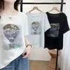 Nova camiseta de algodão de verão para mulheres, manga curta, plus size, com estampa de balão de ar quente com strass, top casual franzido para mulheres, moderno
