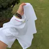 Camiseta Masculina de Verão Azul Marinho Bordada de Manga Curta, Estilo Americano, Gola Pequena Canelada, Peso Pesado, com Toque de Luxo