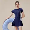 Nuevo traje de baño de una pieza para mujer, de manga corta, con cremallera, estilo falda, conservador, que oculta el abdomen, adelgazante, deportivo, adecuado para aguas termales y natación