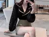 Estilo Coreano 2023 Novo Chiffon Malha Bolha Manga Longa Costura Tricô Elegante Curto Slim-fit Top Roupas Femininas