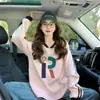 Moletom Ins Coreano Rosa com Decote V para Mulheres, Estilo Preguiçoso, Letras Contrastantes, Estilo Ocidental, Solto, Cobre o Corpo, Top Versátil
