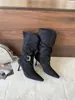 Botas Fashion de Tornozelo Bico Fino Salto Agulha Retrô Design Simples com Senso de Temperamento Botas Versáteis Confortáveis para Panturrilha Larga Efeito Emagrecedor Franzidas