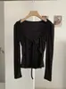 KEKEZOON Camiseta Manga Longa Feminina Patchwork de Renda com Bolinhas e Cordão Falso Duas Peças Doce Slim Fit Outono Inicial 9073