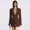 Vestido Terno Europeu e Americano Transfronteiriço Feminino 2025 Outono e Inverno Novo Cor Pura Slim Fit Decote V Profundo Afinando a Cintura
