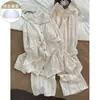 Pijama de Mujer Otoño Rosa Conejito Lindo con Ribete de Encaje con Almohadillas en el Pecho Manga Larga Pantalón Largo Ropa de Mujer Otros Conjuntos de Uniforme