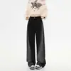 Jeans de Pierna Ancha en Color de Contraste Negro para Mujer, Verano de Cintura Alta Sueltos con Caída Estrechos Vintage de Largo Hasta el Suelo de Algodón para Uso Diario