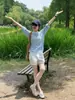 Camiseta de Manga Larga Rayas Azules Estilo Coreano con Protección Solar para Mujer, Nuevo Estilo de Verano, Top Holgado Delgado para Aire Acondicionado A12543