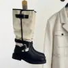 Botas de Cavaleiro Retrô de Cano Alto com Blocos de Cor Pretos Femininas Outono Inverno Fivela de Couro Salto Grosso Alonga as Pernas Não Acima do Joelho Botas Longas de Nicho