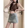 Design de modelagem da barriga e ocultação de gordurinhas, cintura alta, solto, saia versátil em A, estilo hot girl, solto, quem lava, versátil, shorts jeans que abraçam o quadril