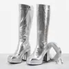 Botas de moda versáteis para comércio exterior, botas altas de bico redondo para outono e inverno, douradas, tamanho grande, botas femininas de salto alto, plataforma impermeável, salto quadrado