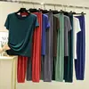Nuevo conjunto de verano fino de modal con manga corta y pantalón largo para mujer, ropa de casa, color liso, estilo simple, se puede usar para salir, conjunto de dos piezas