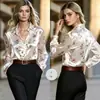 Roupas femininas transfronteiriças da Amazon europeia e americana: Camisa de cetim floral com gola e manga longa, top elegante com estampa para o trabalho para mulheres