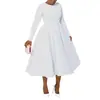 N8128 Roupa Feminina para Exportação 2025 Outono e Inverno Novo Estilo Elegante Cor Lisa Gola Redonda Manga Longa Costas em Faca Bainha Ampla Vestido
