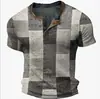 Camiseta retro de botão com meia-malha transpassada transfronteiriça, top pullover Henley casual de manga curta com estampa 3D slim fit para homens