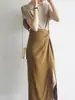 Camiseta de Manga Corta con Cuello Marrón Rojizo JOJOZ Adelgazante Clavícula Elegante Moda Chic Top ss Textura de Alta Calidad