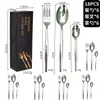Nuevo juego de cubiertos de acero inoxidable con mango de punta de Amazon de 18/24 piezas para uso doméstico, juego de cuchillo para bistec, tenedor y cuchara de color dorado