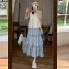 Saia de renda delicada e doce para mulheres, cintura alta, saia bolo em A fluida, saia fofa, saia de gaze chiffon texturizada