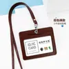 Portatarjetas de identificación exclusivo de cuero genuino transfronterizo, gafete de trabajo personalizado con tres ranuras para tarjetas, cordón para gafete de trabajo, gafete de autobús