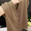Cardigan de Tricô Elegante e Moderno para Jovens, Estilo Preguiçoso, Emagrecedor, com Recortes, Decote em V, Manga Curta para Mulheres, Novo Modelo Verão 2026