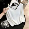¡Un disparo real! ¡Un disparo real! Nuevo suéter de punto para Otoño/Invierno 2026 con cuello en V acanalado, suéter básico de punto liso de manga larga para mujer, corte ajustado