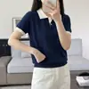 26 Verano Nuevo Estilo Algodón Puro Color de Contraste Tejido Manga Corta Cuello Camisero Estilo Coreano Bloque de Color Simple Versátil Moderno Top para Mujer