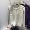 Suéter de Flores Tridimensionales de Industria Pesada Estilo Coreano Primavera y Otoño Nuevo Elegante Suave Estilo Commuter Cuello Redondo Cárdigan de Punto Superior para Mujer
