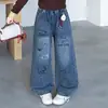 Calça Jeans com Estampa de Strass para Meninas, Calça Estilo Primavera e Outono, Nova Moda 2026 Calça Reta Estilo Coreano para Meninas Mais Velhas
