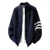 Nuevo Suéter Cardigan de Punto con Cremallera para Hombre Primavera Otoño Rayas Cuello Semi Alto Chaqueta Retro Americano Chaqueta Perezosa de Pareja