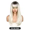 Peruca atmosférica estilo europeu e americano transfronteiriço, com cor degradê, para mulheres, aplique completo com franja, cabelo preto longo e liso, peruca ligeiramente ondulada, cabeça inteira