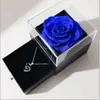 Caixa de Joias com Flor Real Rosa Imortal e Luz, Gaveta Dupla de Acrílico para Anel, Colar, Caixa de Presente