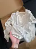 Camiseta Listrada Solta de Manga Longa para Mulheres, Primavera/Outono, Gola Henley, Meio Botão, Top Básico Casual para Usar por Baixo, Camiseta Base