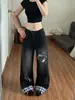 Calça Wide Leg Jeans Preto Estampa Hello Kitty Estilo Retrô Americano Feminina Outono 2026 Nova Calça Wide Leg Patchwork Xadrez
