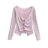 6206-26 Primavera Estilo Coreano Slim Fit Gola Redonda Grande Renda Torcida Costura Babados Manga Longa Suéter Camiseta Camada Base