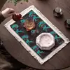 Tapete de chá de brocado estilo chinês com motivos de cavalo e ondas, com franjas e bordas, para uso doméstico, base isolante de calor para mesa de chá vintage, acessório para conjunto de chá